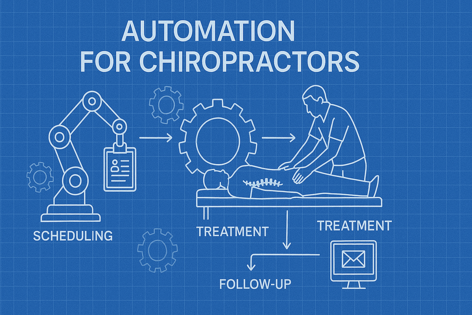 Chiropractic practice automation workflow showing patient journey from booking to follow-up care