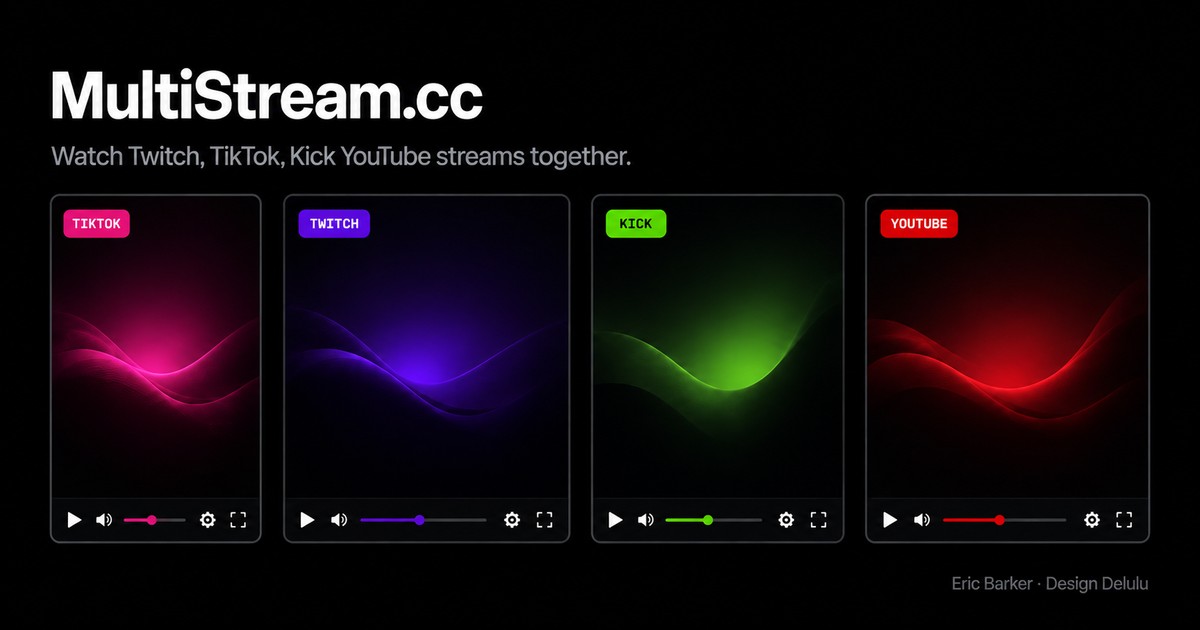 MultiStream.cc: side-by-side Twitch, Kick, YouTube, and TikTok live stream players in a responsive grid