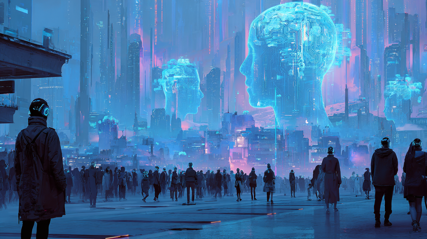 Futuristic city run by AI holograms, humans walking with passive headsets