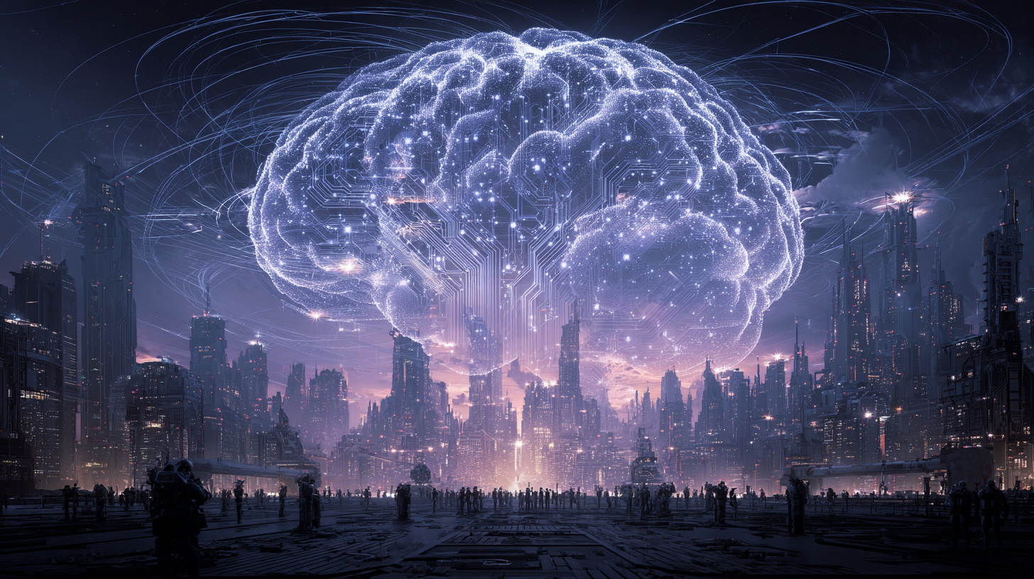 City of server towers, giant AI brain in the sky