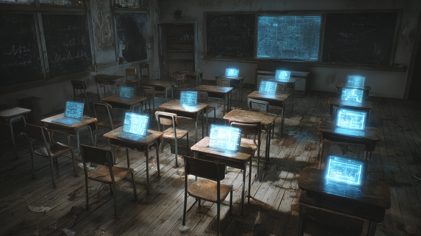 Empty classroom, glowing tablets replace teachers