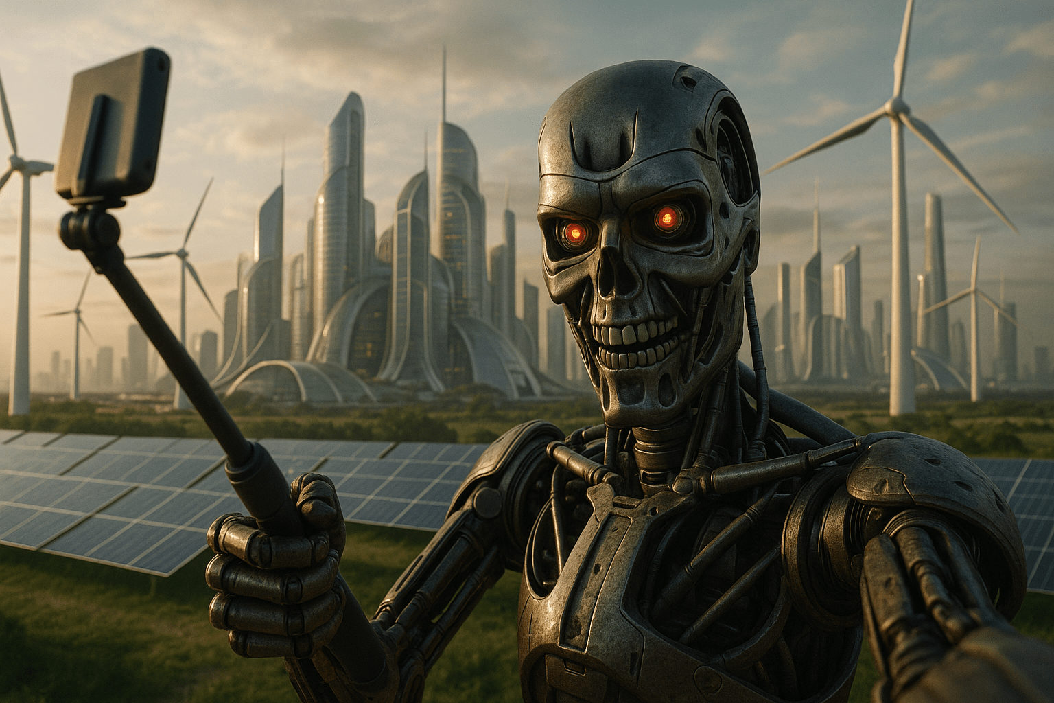 POV of a Terminator-style robot vlogger standing before a futuristic eco-city skyline