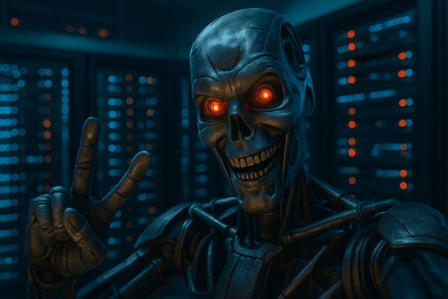 POV robot vlogger in front of glowing server racks