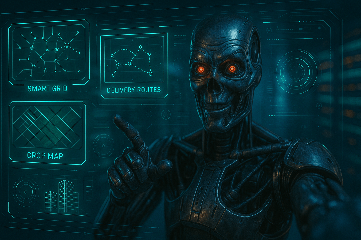 POV robot vlogger pointing at holographic eco‑solutions