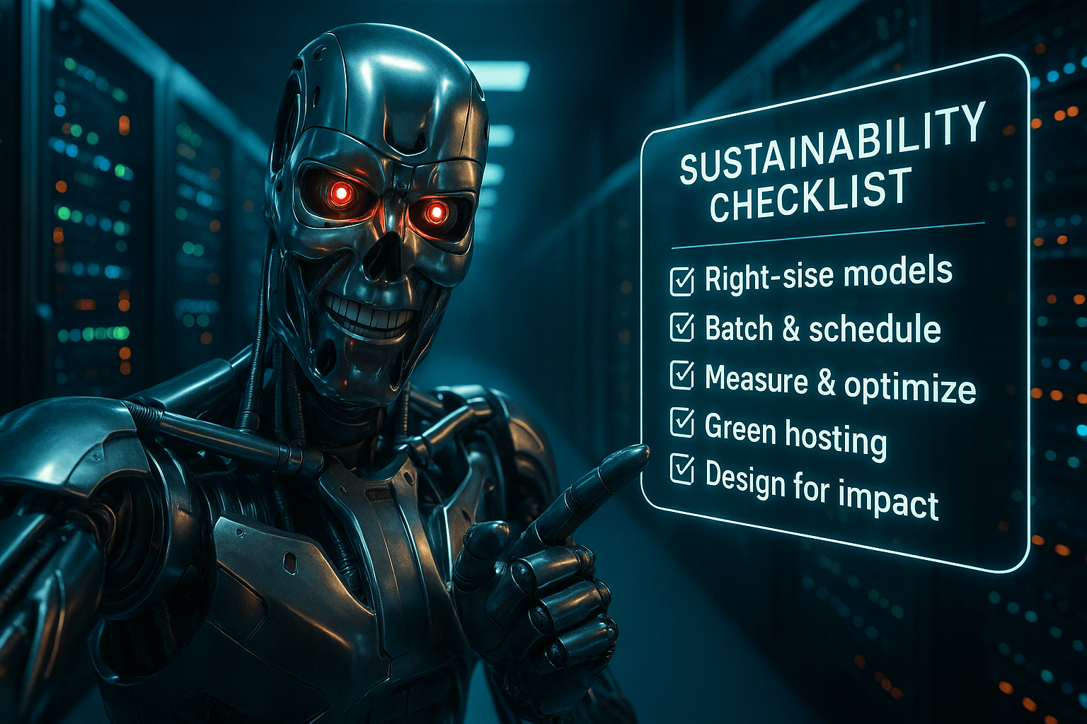 POV robot vlogger reviewing a sustainability checklist overlay