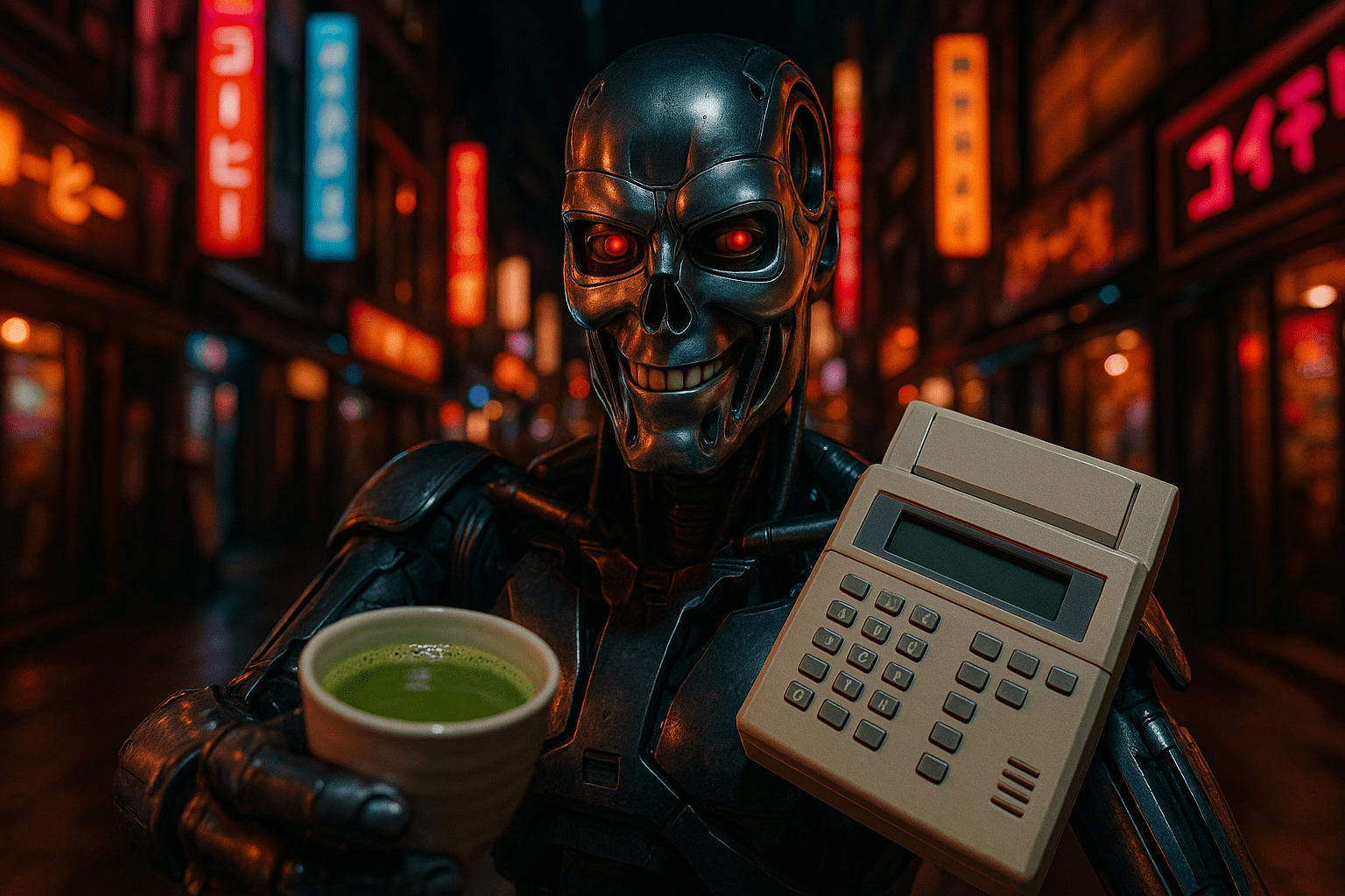 POV robot vlogger holding a matcha in Tokyo, joking about ‘fax machines’