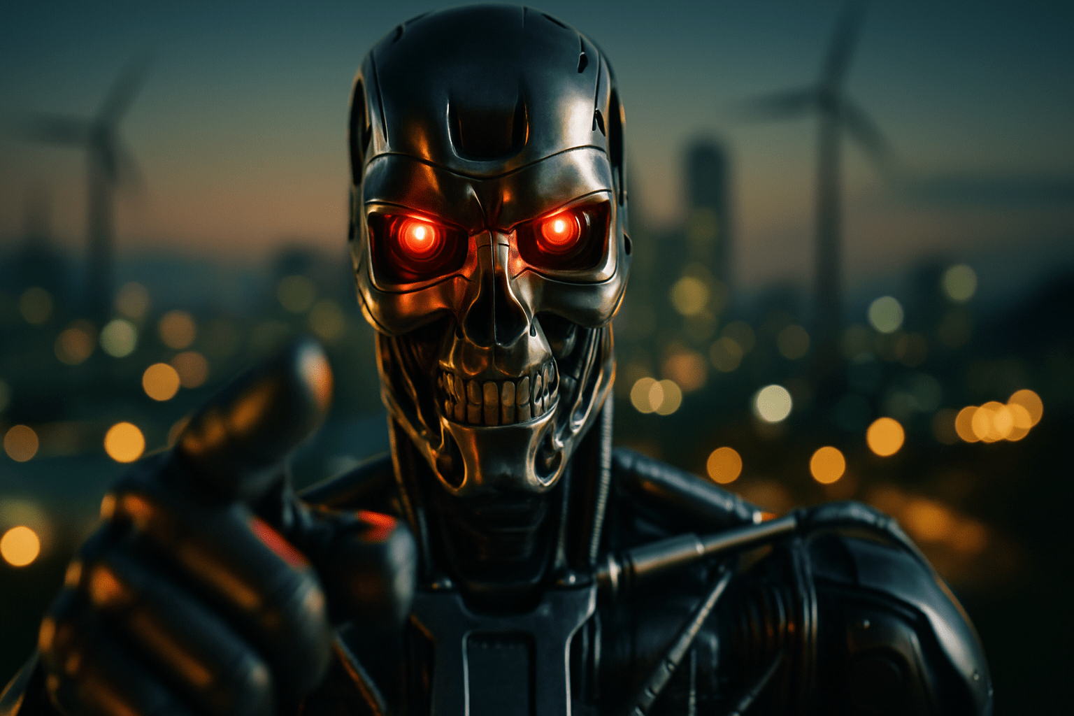 POV robot vlogger close‑up pointing at the camera