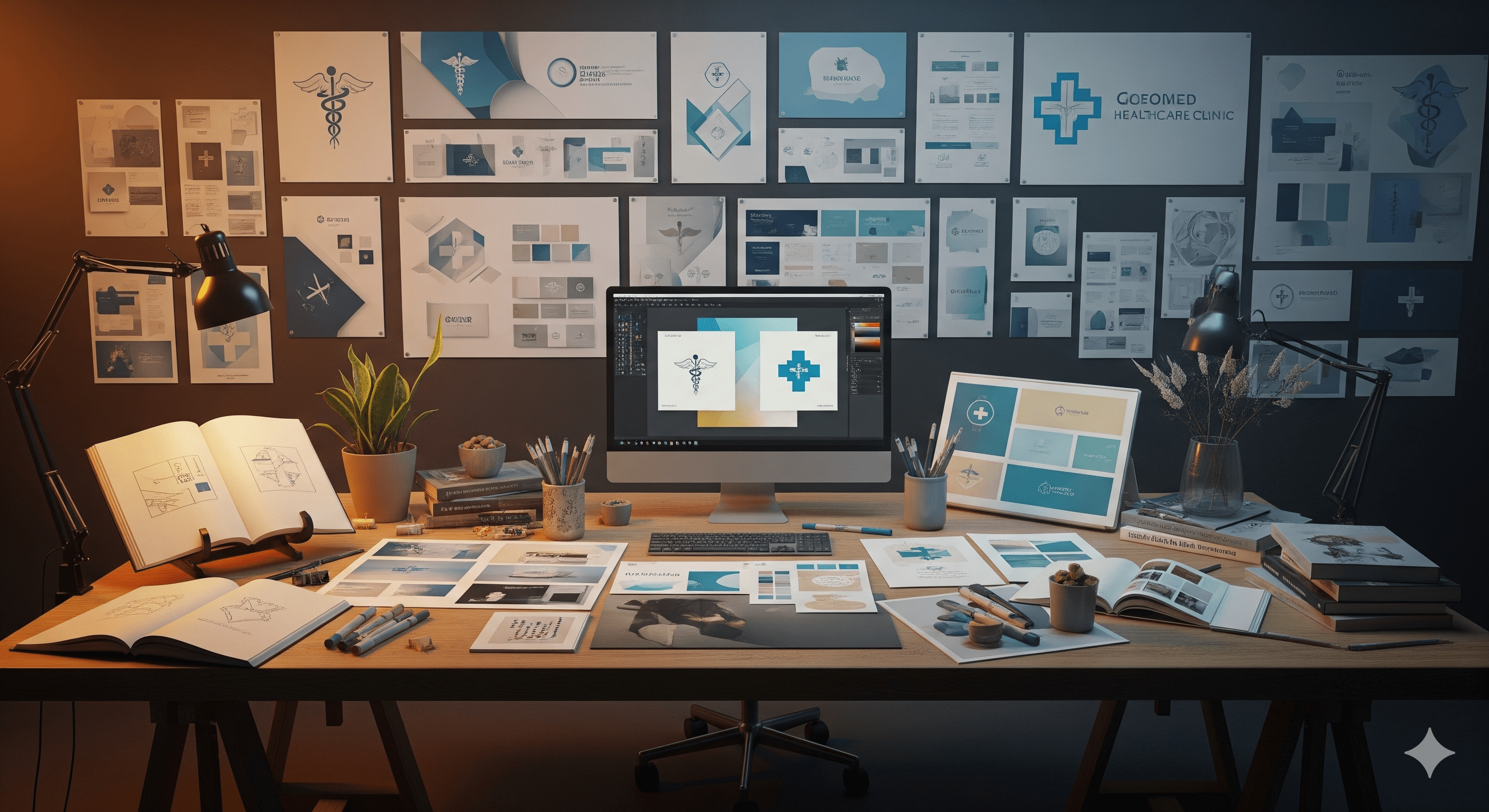 A creative studio environment with branding materials for a healthcare clinic.