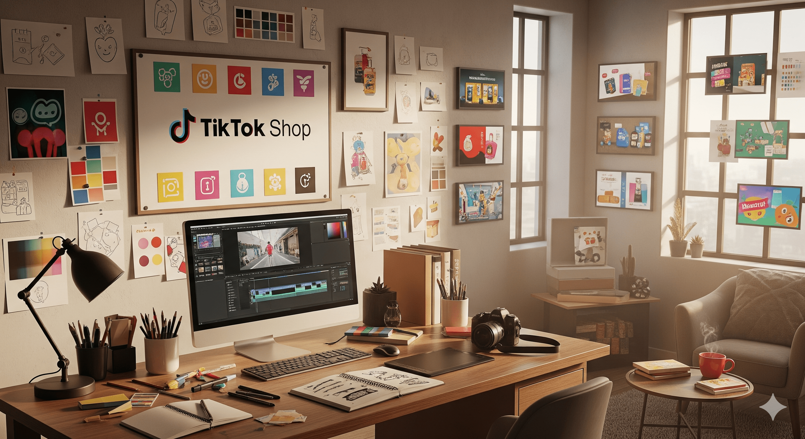A creative studio environment with branding materials for a TikTok shop.