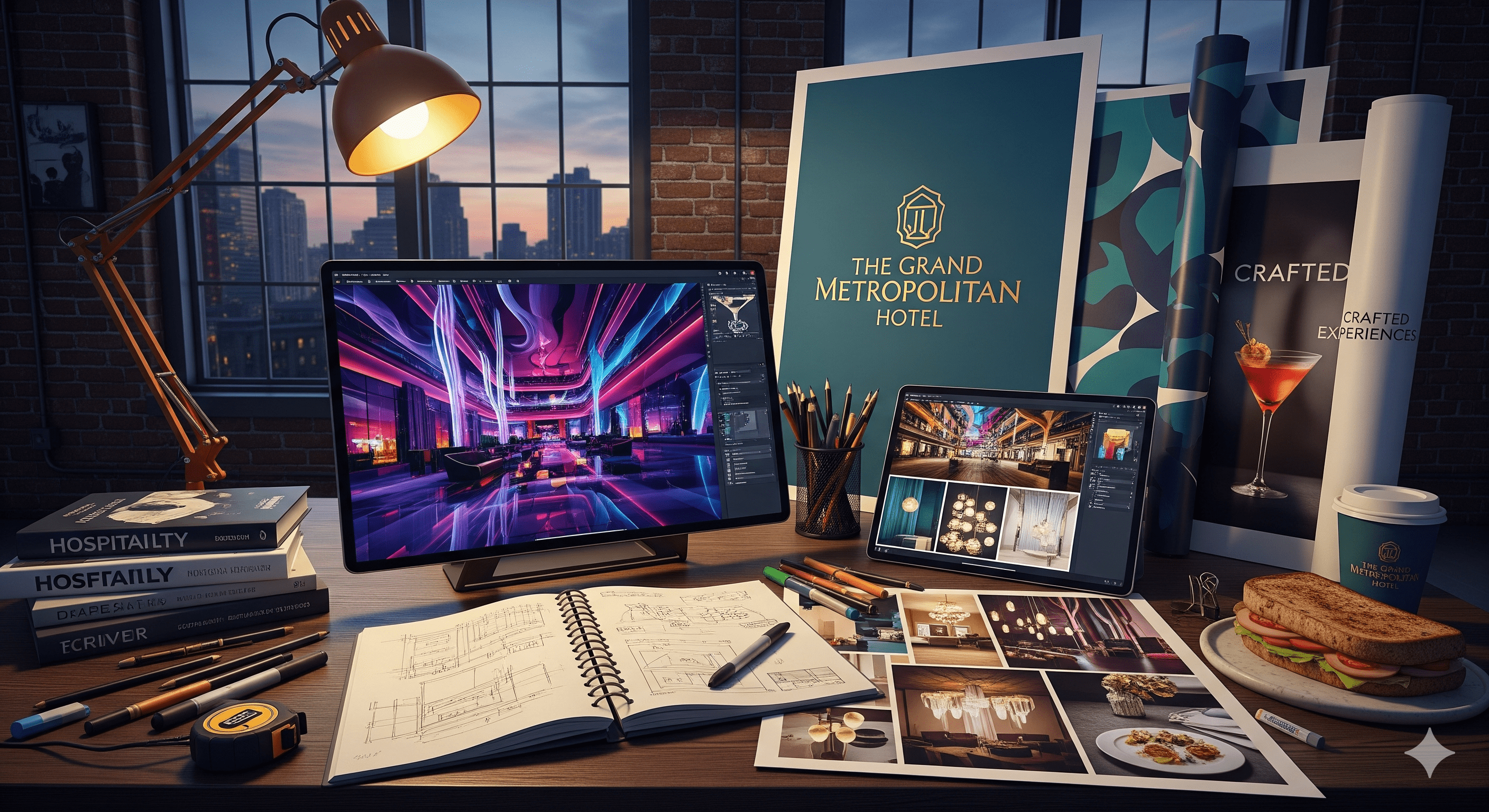 A modern hotel lobby with cohesive branding across menus and digital displays.