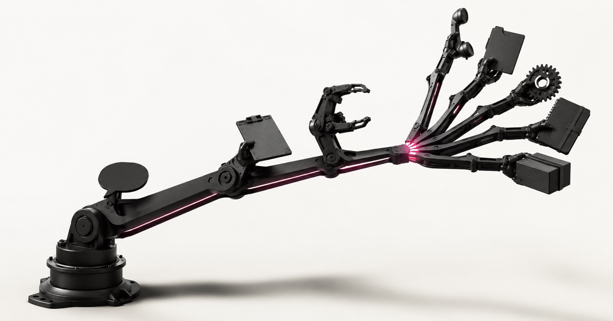 One continuous matte-black articulated mechanical arm branching from a single simple attachment near its base into five smaller synchronized mechanical hands at full extension, each gripping a different small object — representing the progression from a basic AI chatbot to a coordinated AI digital workforce
