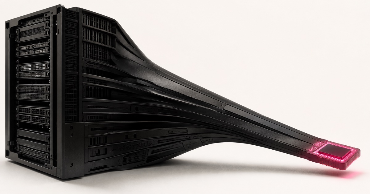 A matte-black server rack tapering left to right into a single glowing chip, representing AI infrastructure shrinking from data-center scale toward on-device scale