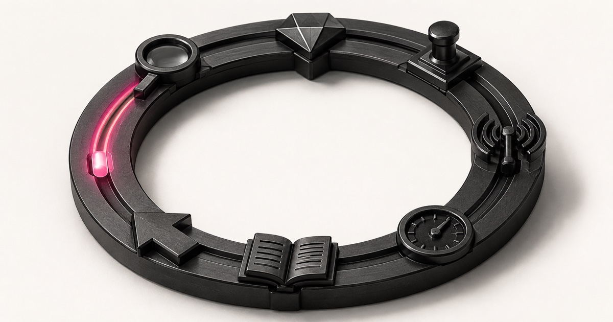 One continuous matte-black milled ring with seven small distinct mechanical stations machined into its circumference and one glowing hot-pink capsule traveling its closed track — representing the AI Growth System's seven-stage learning loop