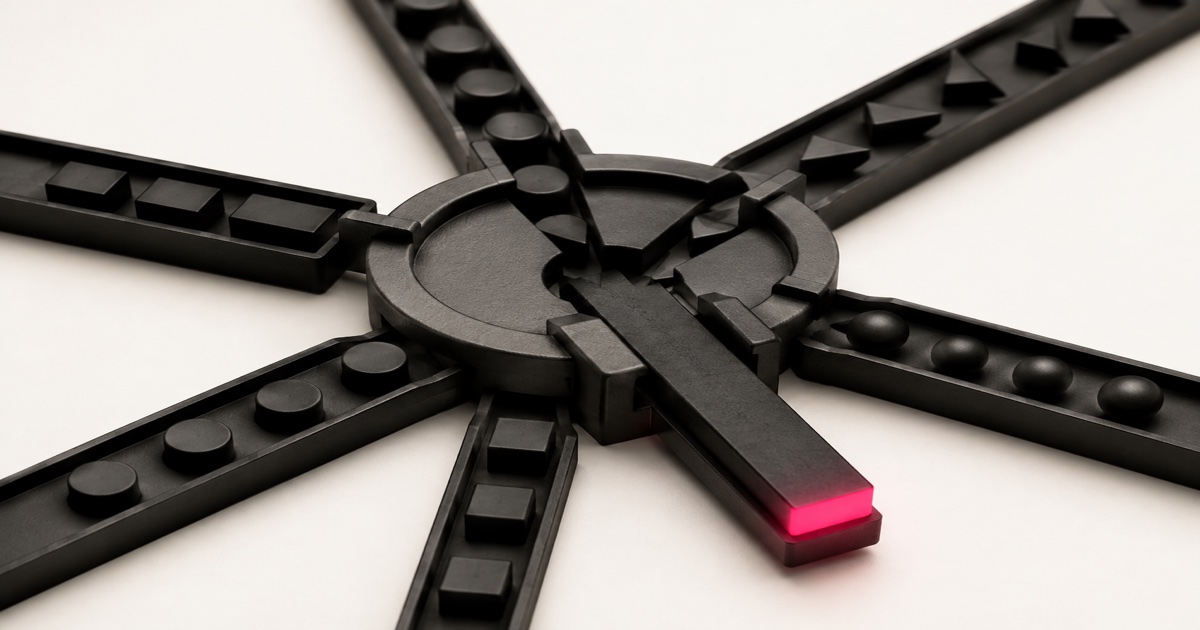 Multiple distinct matte-black content fragments flowing into a single casting mechanism and fusing into one unified glowing hot-pink output — representing how AI Overviews retrieve and synthesize multiple sources into one generated, grounded answer