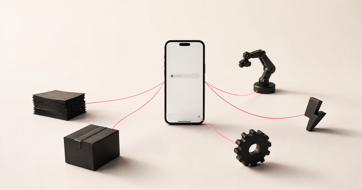 A phone showing a simple written request at the center of the frame, with soft threads extending outward to small sculptural objects representing content, logistics, software, and energy