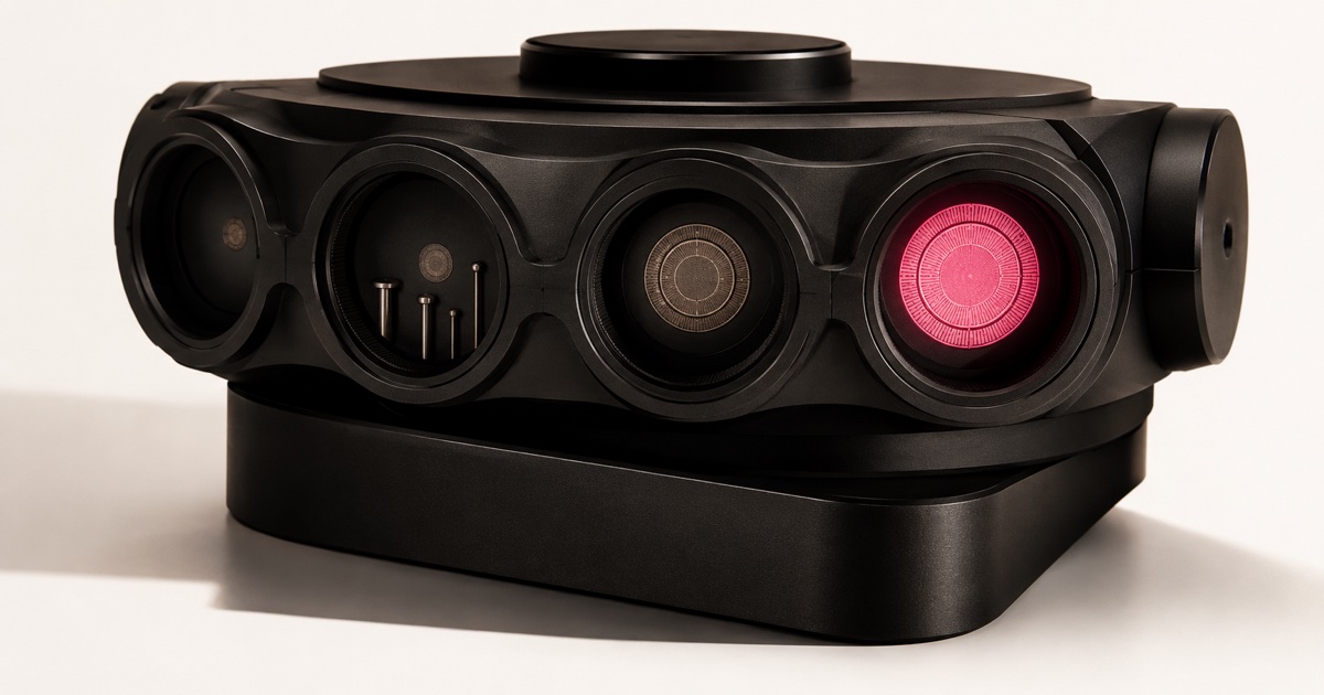 One continuous matte-black viewing apparatus with four lens apertures arranged around a central turret, the same small mark shown faint, then ranked, then extracted, then fully quoted and glowing hot-pink through the fourth aperture — representing discovery, ranking, retrieval, and citation as stages of AI search visibility