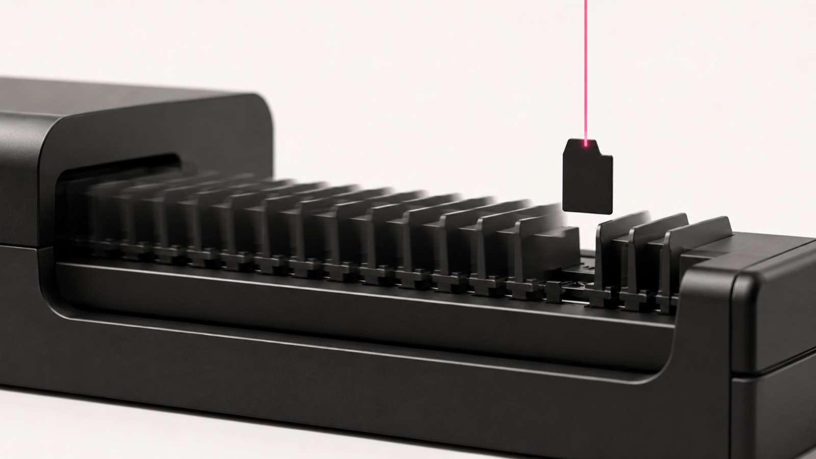A row of identical matte-black task tabs advancing automatically through a mechanical sequencer, with one tab lifted out and held in a beam of pink light above the line — representing repetitive work that runs itself, except the one step still held for a human decision.