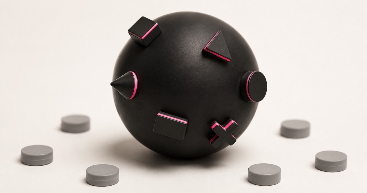 A matte-black magnetic core with several content fragments drawn tightly toward it, glowing hot-pink at the point of contact, while other fragments sit unattracted and untouched at a distance — representing why some content gets cited and most does not