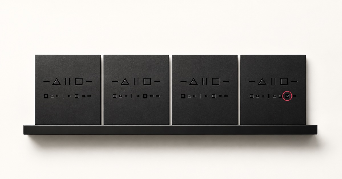 Four separate matte-black listing panels displaying the same business information, with one panel circled in hot-pink where its details disagree with the other three — representing scattered signals an AI system has to reconcile into one understanding of a business