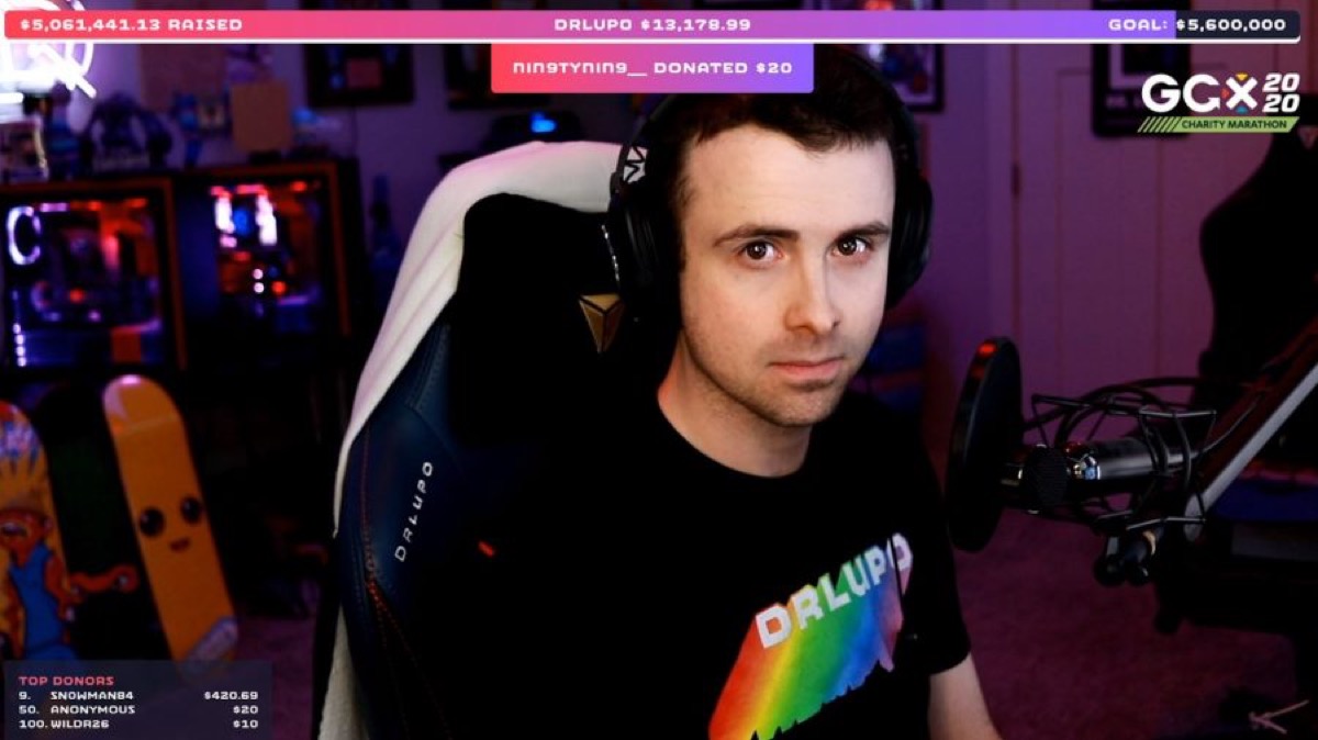 DrLupo mid-broadcast during a charity livestream fundraiser, with a live donation total and goal displayed on screen