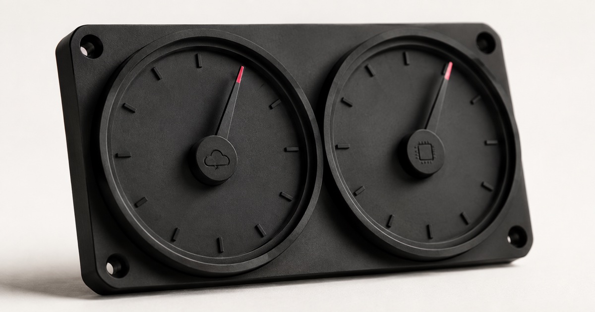 Two matching gauge dials on a matte-black panel, one marked with a cloud icon and one with a chip icon, their needles nearly but not fully aligned, representing how close local AI has come to frontier AI capability