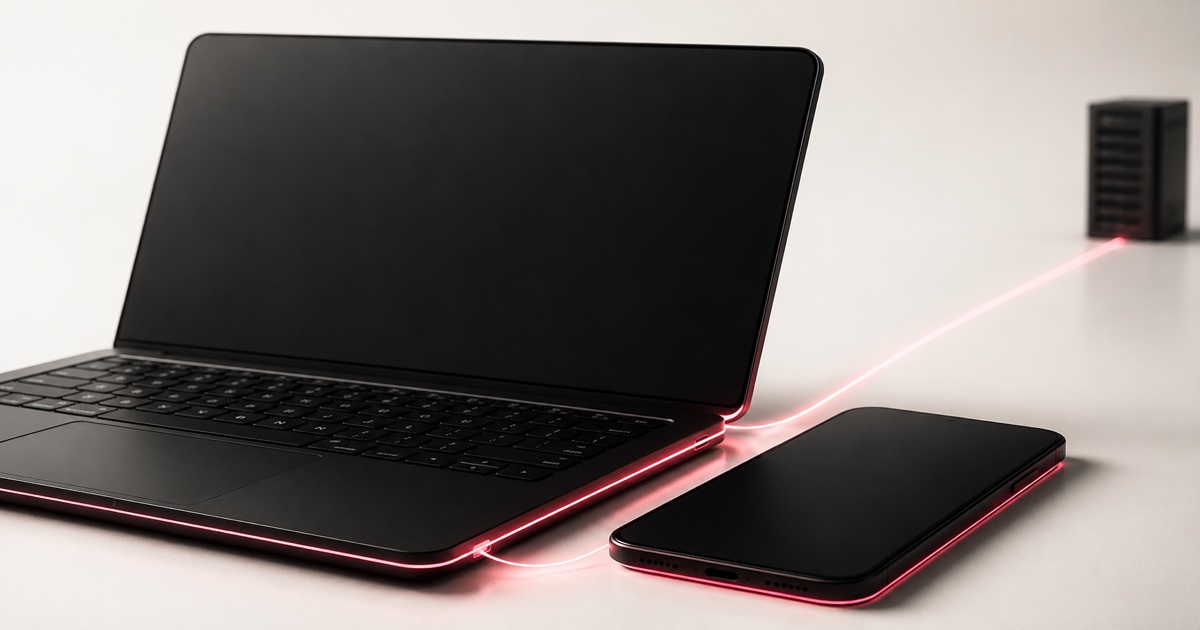 A laptop and smartphone connected by a thin glowing line to a distant server silhouette, with most of the light concentrated at the devices rather than the server, representing local-first AI with cloud as an escalation layer