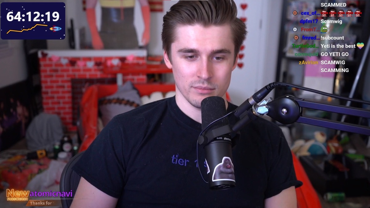 Ludwig Ahgren mid-broadcast during his 2021 subathon, with an on-screen timer showing the stream had run for over 64 hours continuously