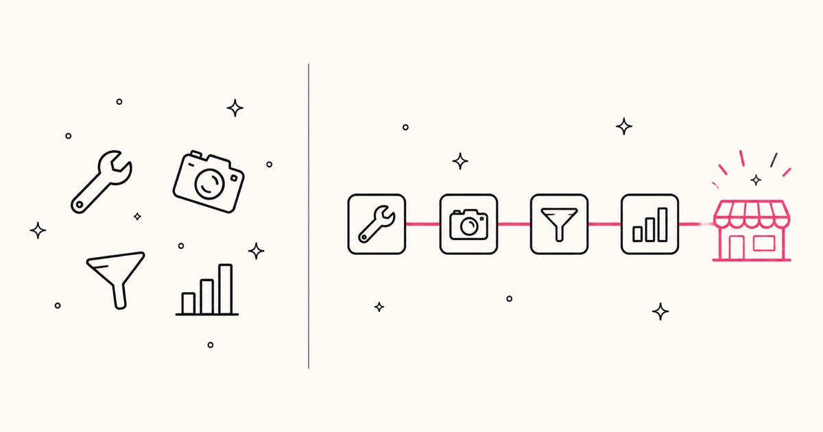Diagram of scattered, disconnected marketing tool icons on the left versus the same tools connected into one working system feeding a storefront on the right