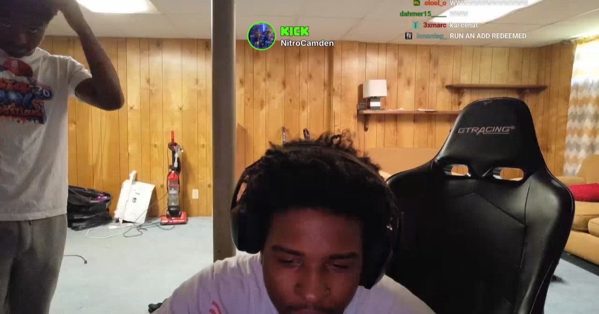 Nitro_Camden dancing and celebrating on stream with Kick partner branding visible, days after being raided while live