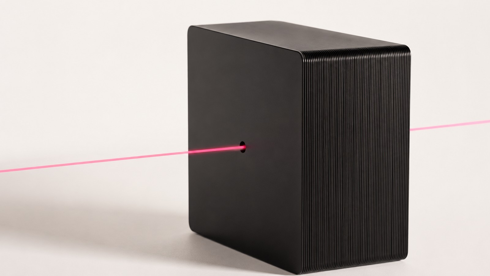 A sealed matte-black archive block with a single controlled line of light passing through one aperture, representing a company AI system with one governed path to internal knowledge