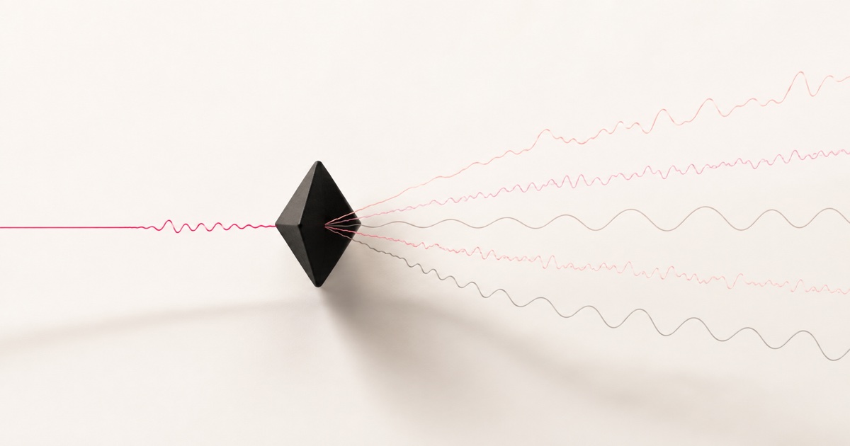 A single hot-pink soundwave line passing through a prism-like form and splitting into several distinct colored waveform threads, illustrating one spoken voice becoming several simultaneous real-time translated languages