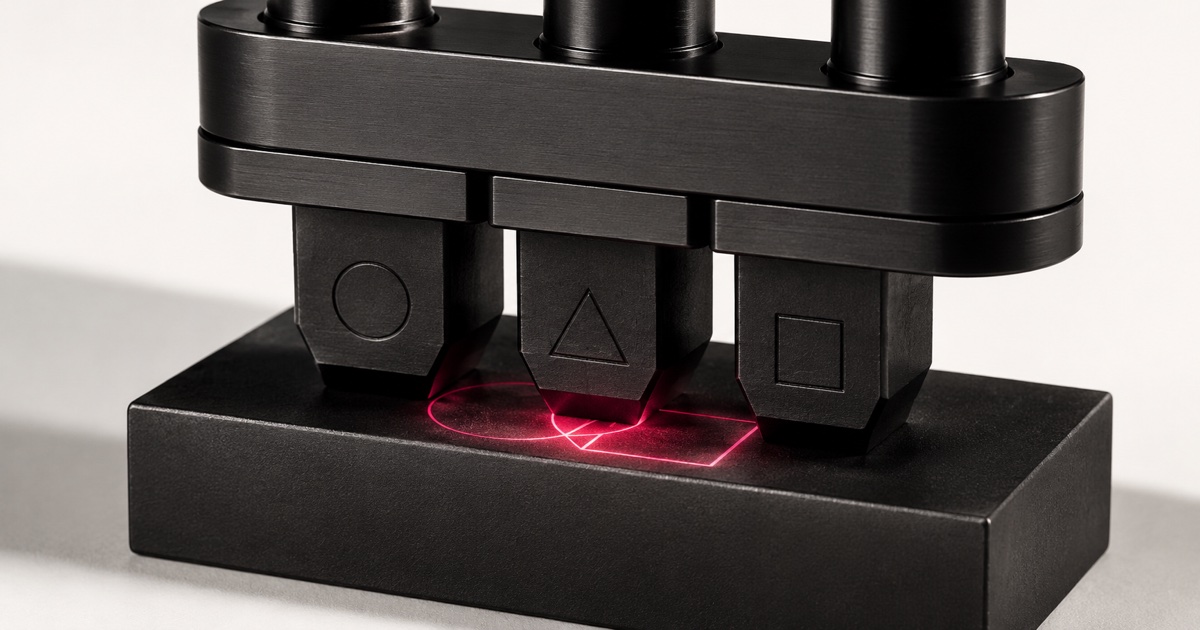Three matte-black precision stamping dies pressing into one shared block of material, their overlapping impression glowing hot-pink — representing SEO, AEO, and GEO as one shared foundation rather than three separate disciplines