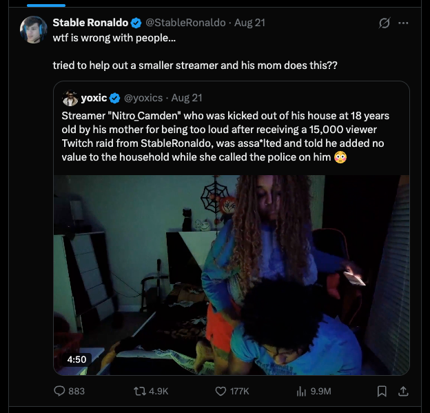 Stable Ronaldo's tweet in response to the incident, embedded with the video showing Nitro_Camden and his mother during the confrontation