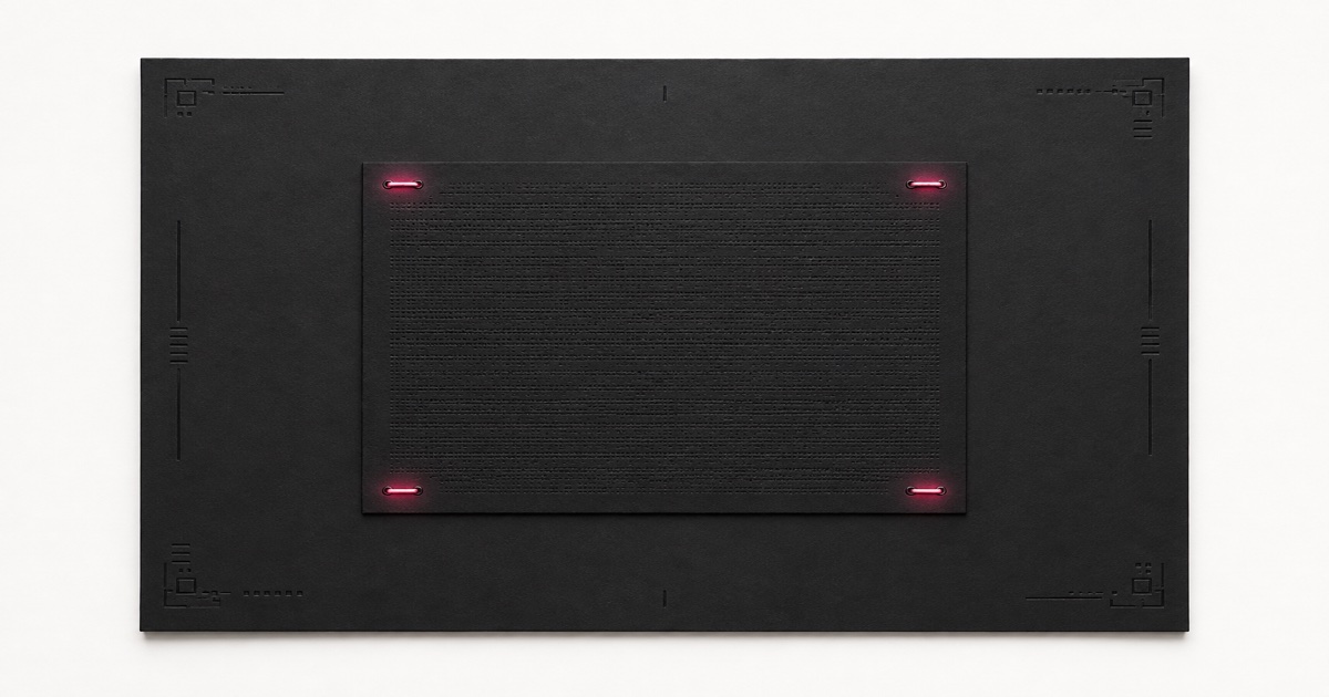 An ornate, deeply embossed matte-black document border surrounding a small, plainly stapled patch of real content, with a single hot-pink thread running only through the stapled patch — representing structured data as decoration around content, not a replacement for it