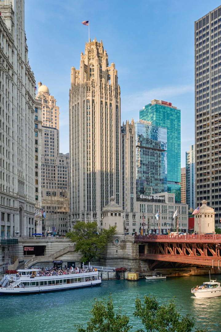 The Tribune Tower at 435 North Michigan Avenue in Chicago, viewed from the Chicago River
