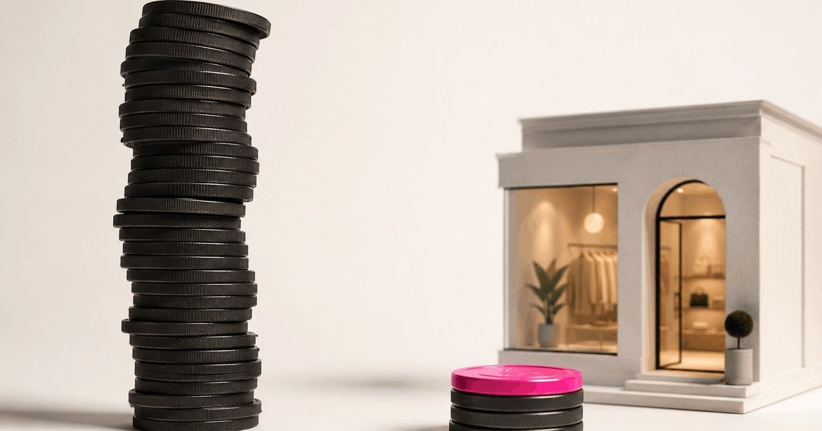 A tall stack of coins beside a short stack next to a small storefront, representing website cost versus value