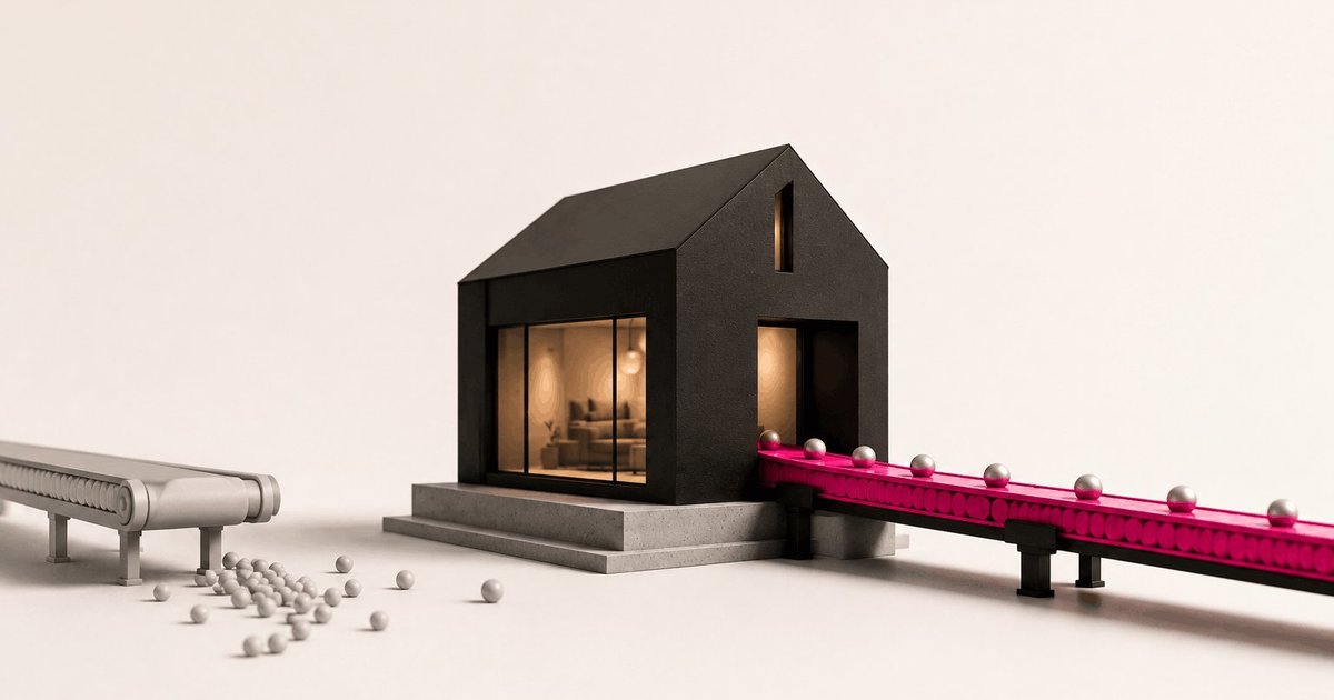 A small house connected to a conveyor belt carrying customers, representing a website and content system working together