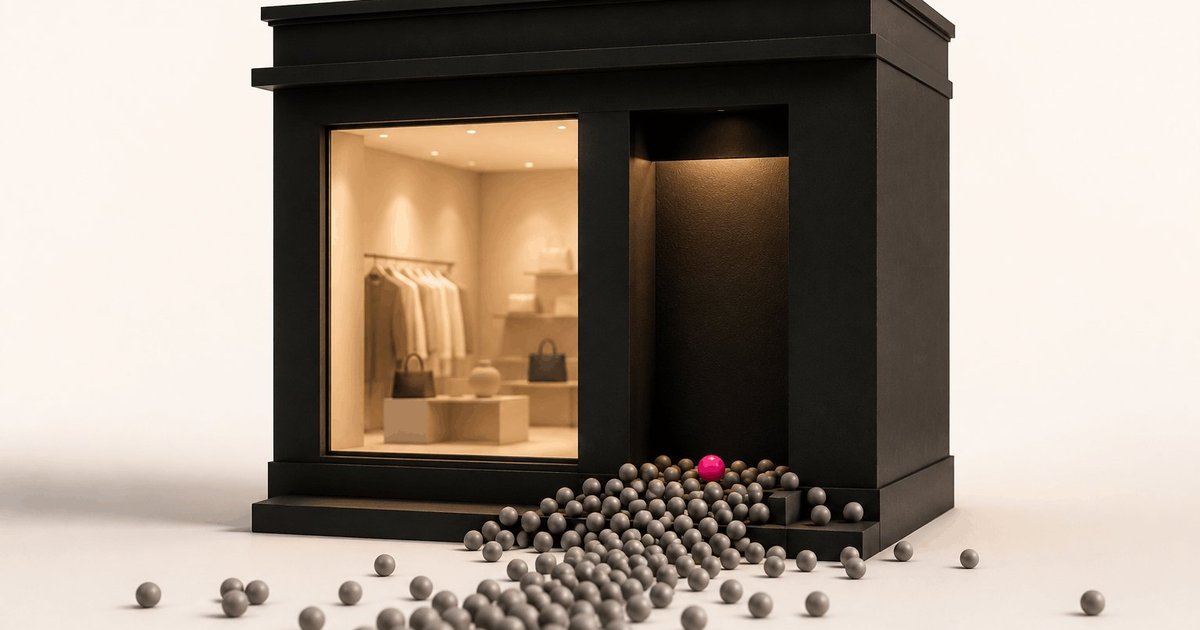 A storefront with visitors pooling at a missing door, representing a website with no clear path to conversion