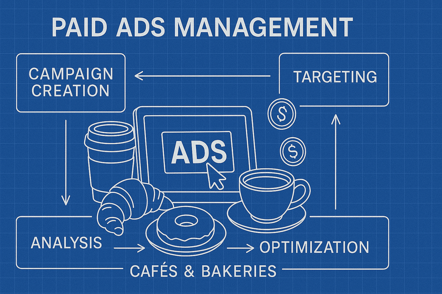Paid Ads Management for Cafés & Bakeries - workflow diagram (Design Delulu)