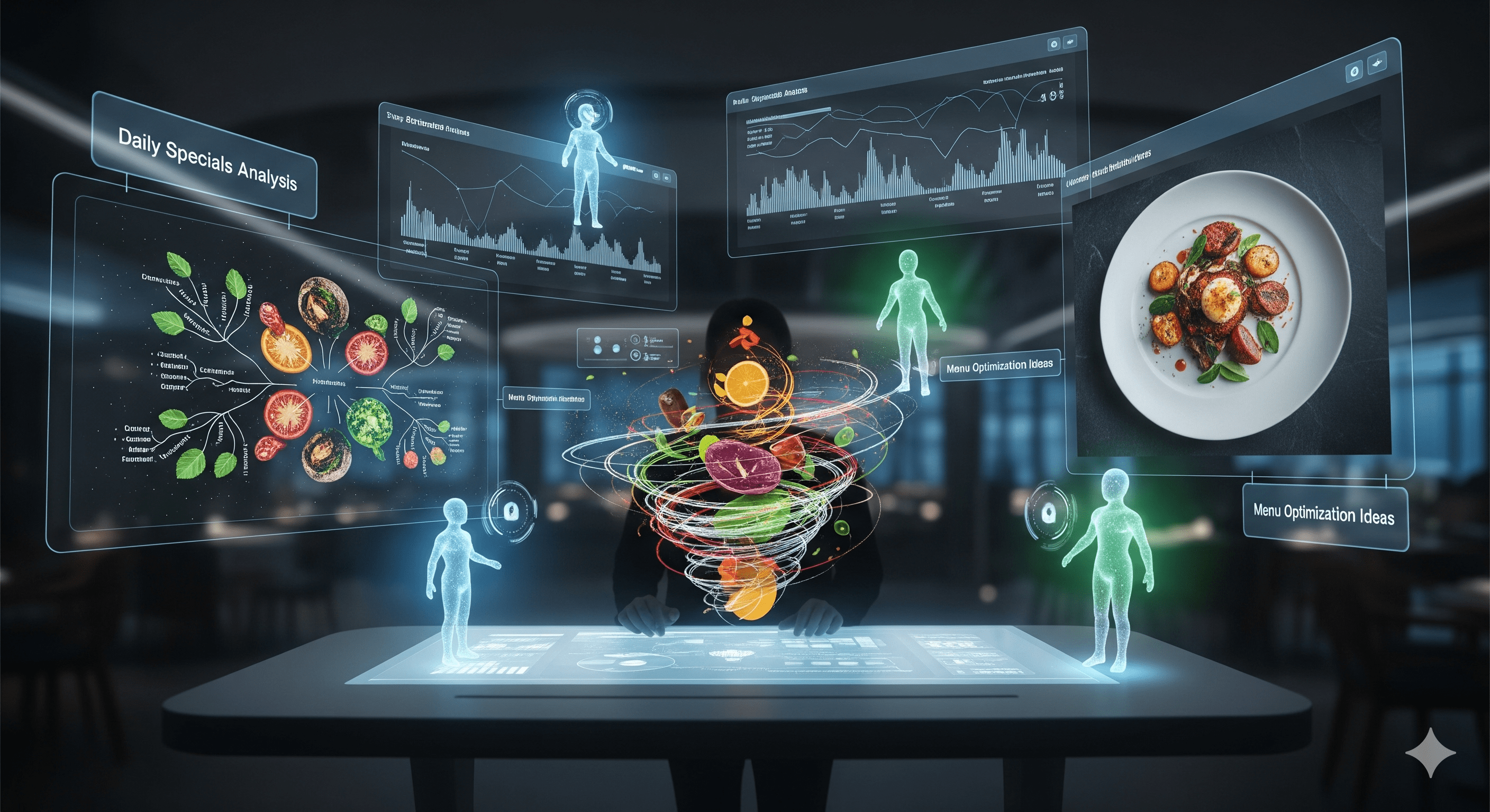 A futuristic restaurant scene showing AI prompt engineering tools for menu creation