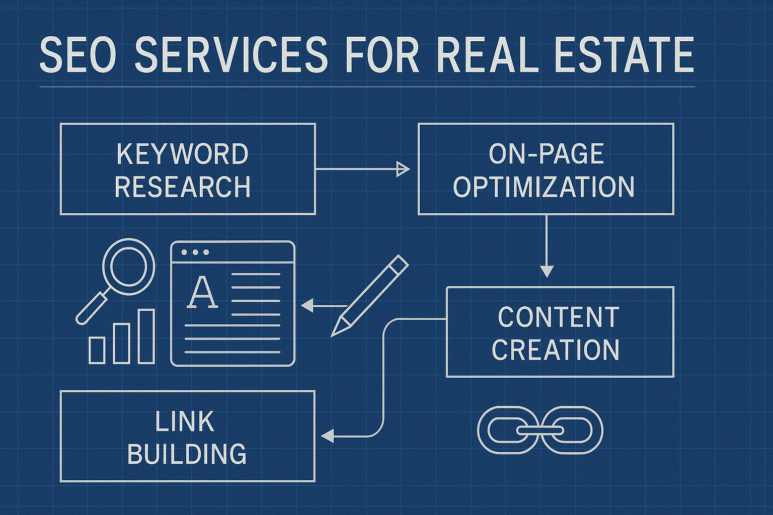 SEO Services for Real Estate - workflow diagram (Design Delulu)
