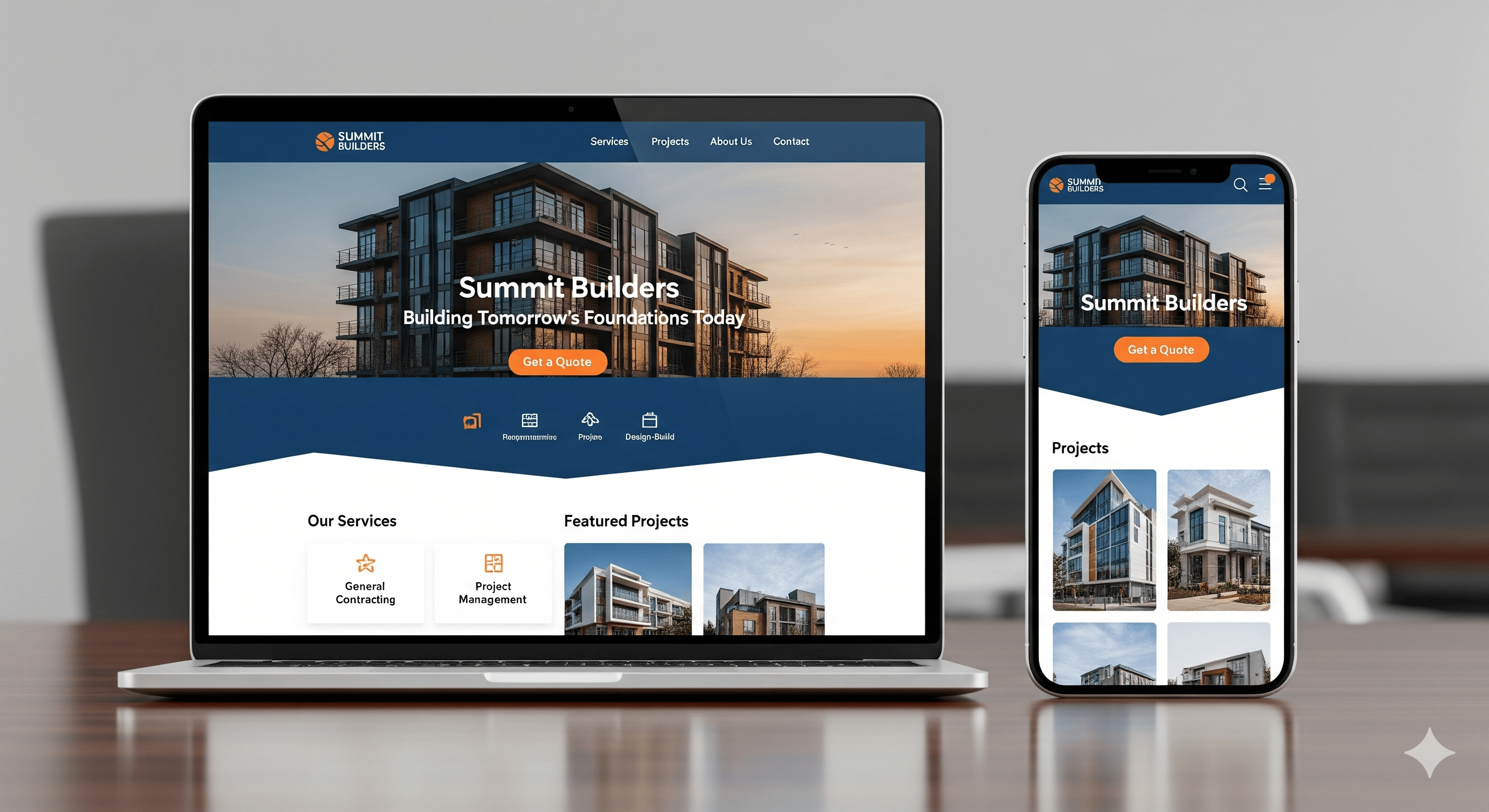 A sleek modern website mockup for construction businesses