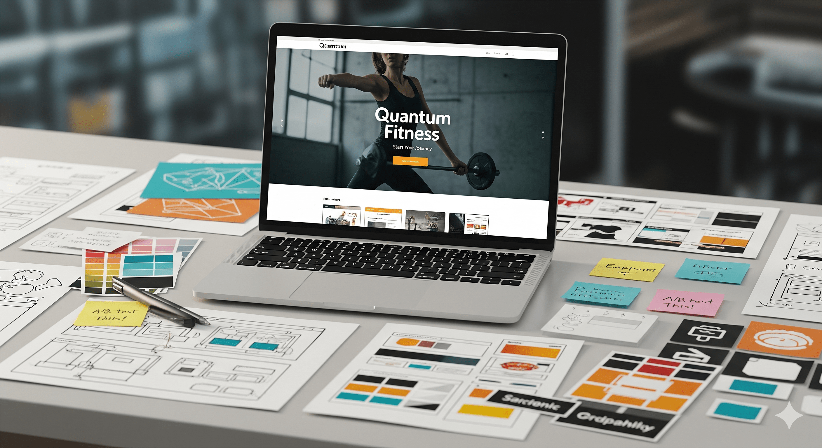 A tablet screen displaying a modern fitness studio website with class schedules.