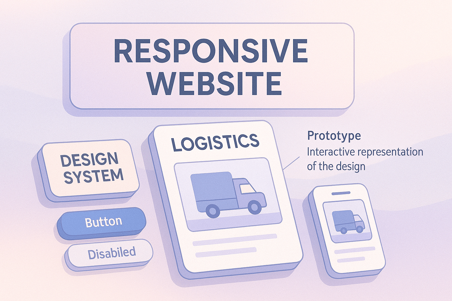 A collage of responsive website wireframes and design system components for a logistics company.