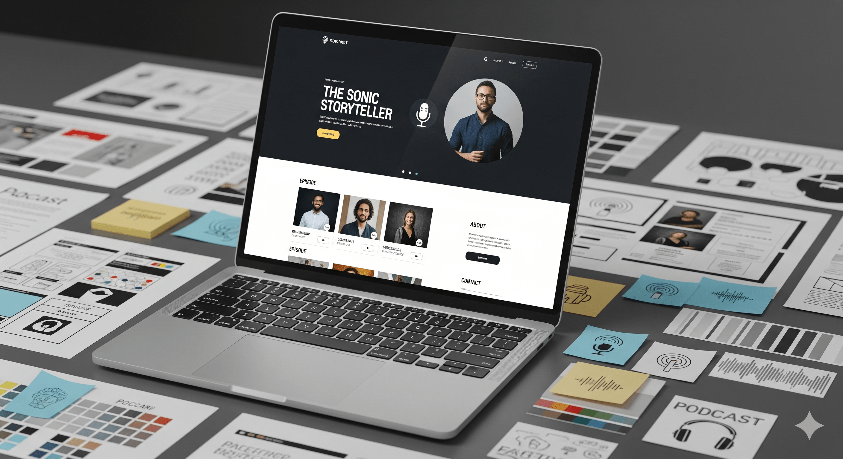 A laptop screen displaying a sleek website for a podcast, with an audio player and show notes.